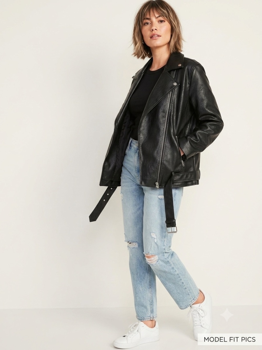 Old Navy Black Leather Moto Jacket with Belted Hem - Women